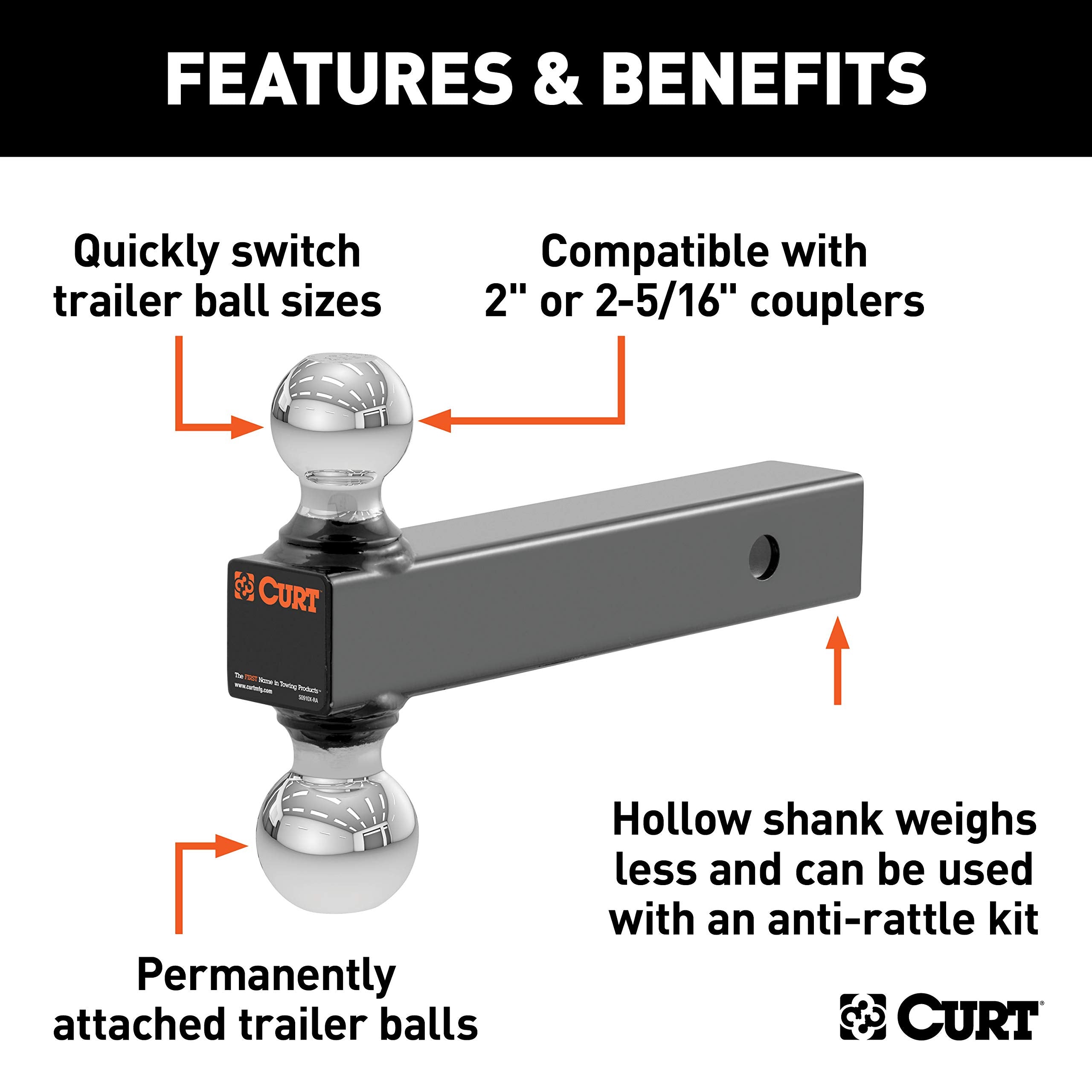 CURT hollow shank view showing anti-rattle compatibility for reduced hitch play