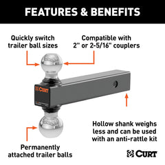 CURT hollow shank view showing anti-rattle compatibility for reduced hitch play