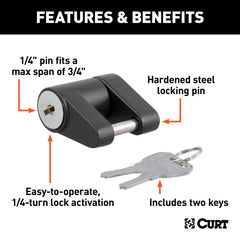 CURT lock installed on a trailer coupler demonstrating theft deterrence