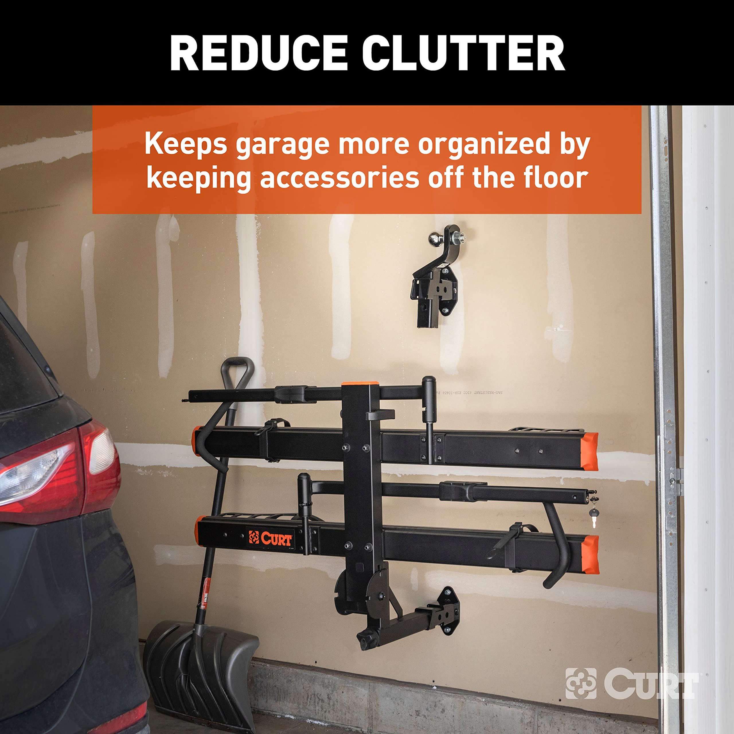 CURT receiver storing a bike rack vertically to save floor room and simplify reach