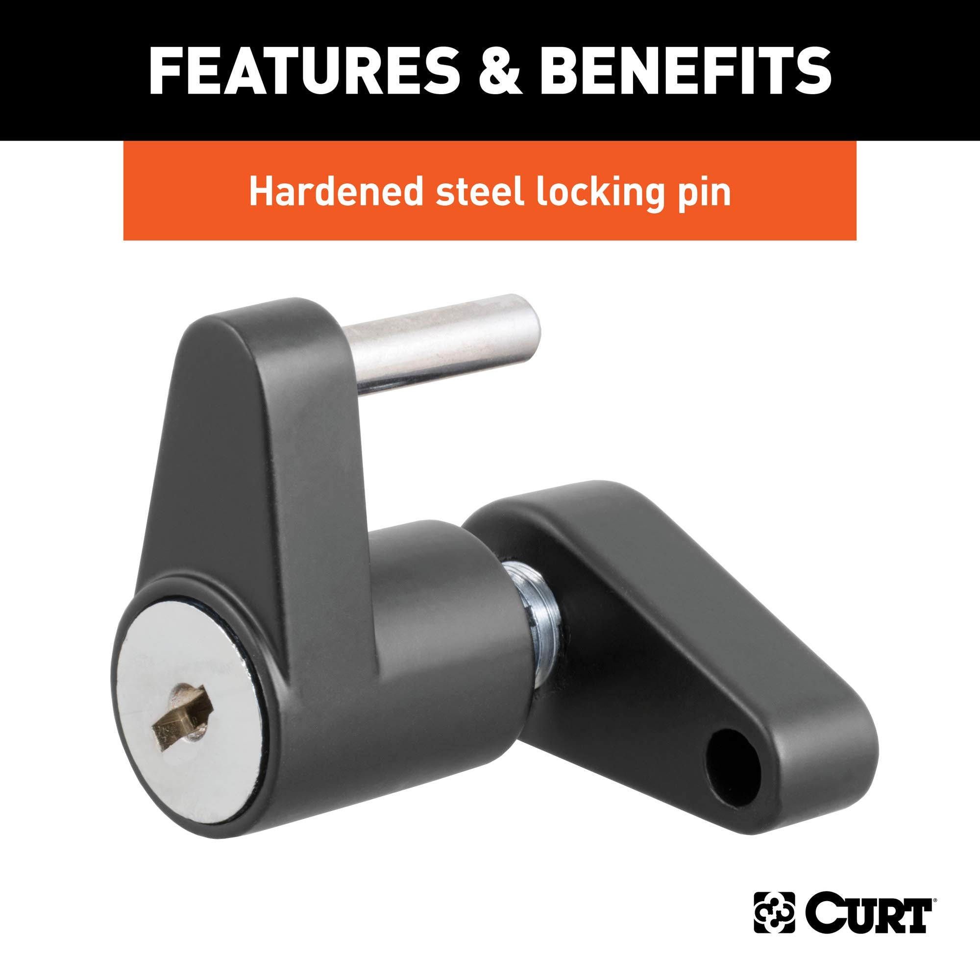 CURT lock beside ruler for size comparison showing compact design