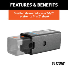 CURT size comparison showing 2-1/2" to 2" reduction for versatile use