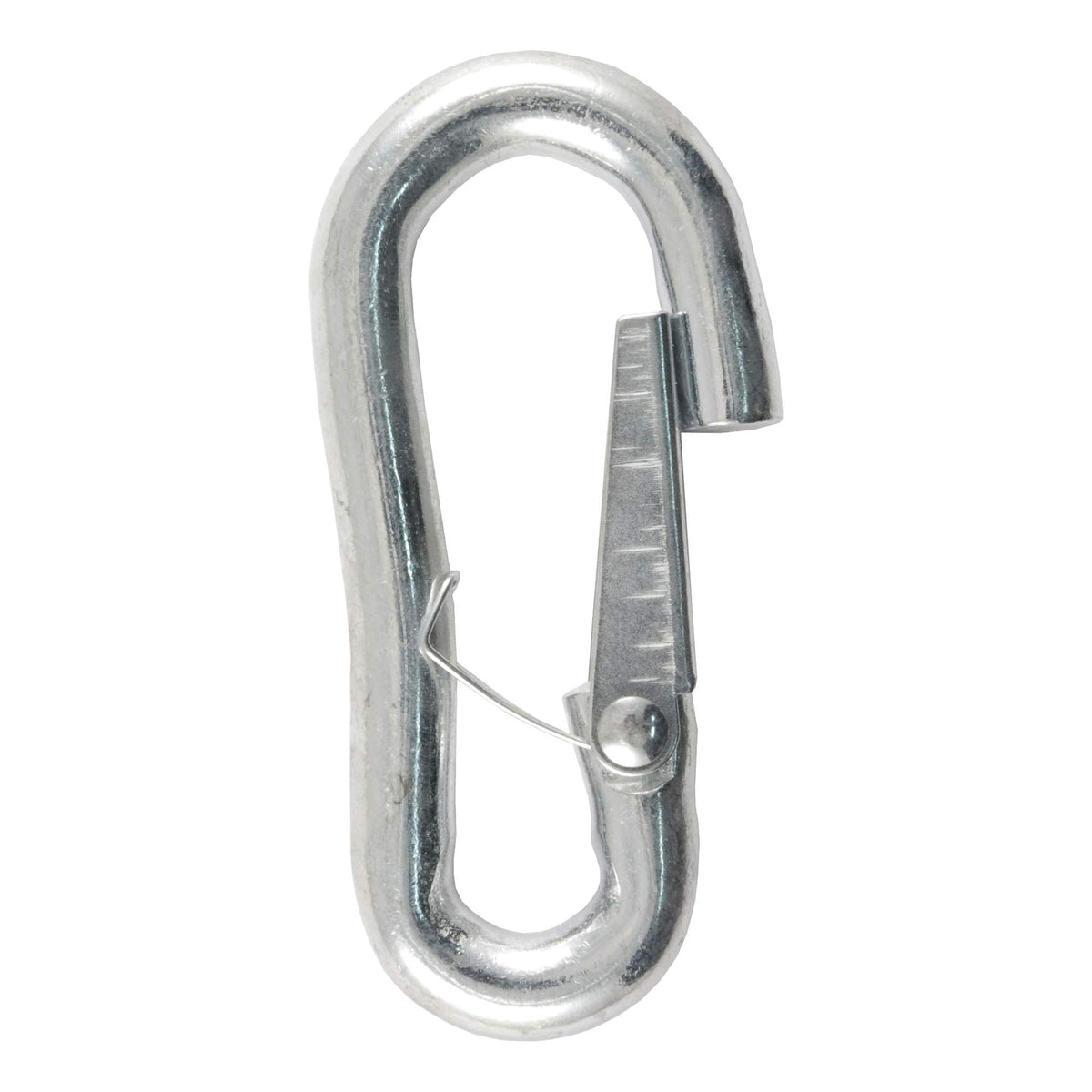 CURT snap hook front view showing zinc finish and secure design benefit