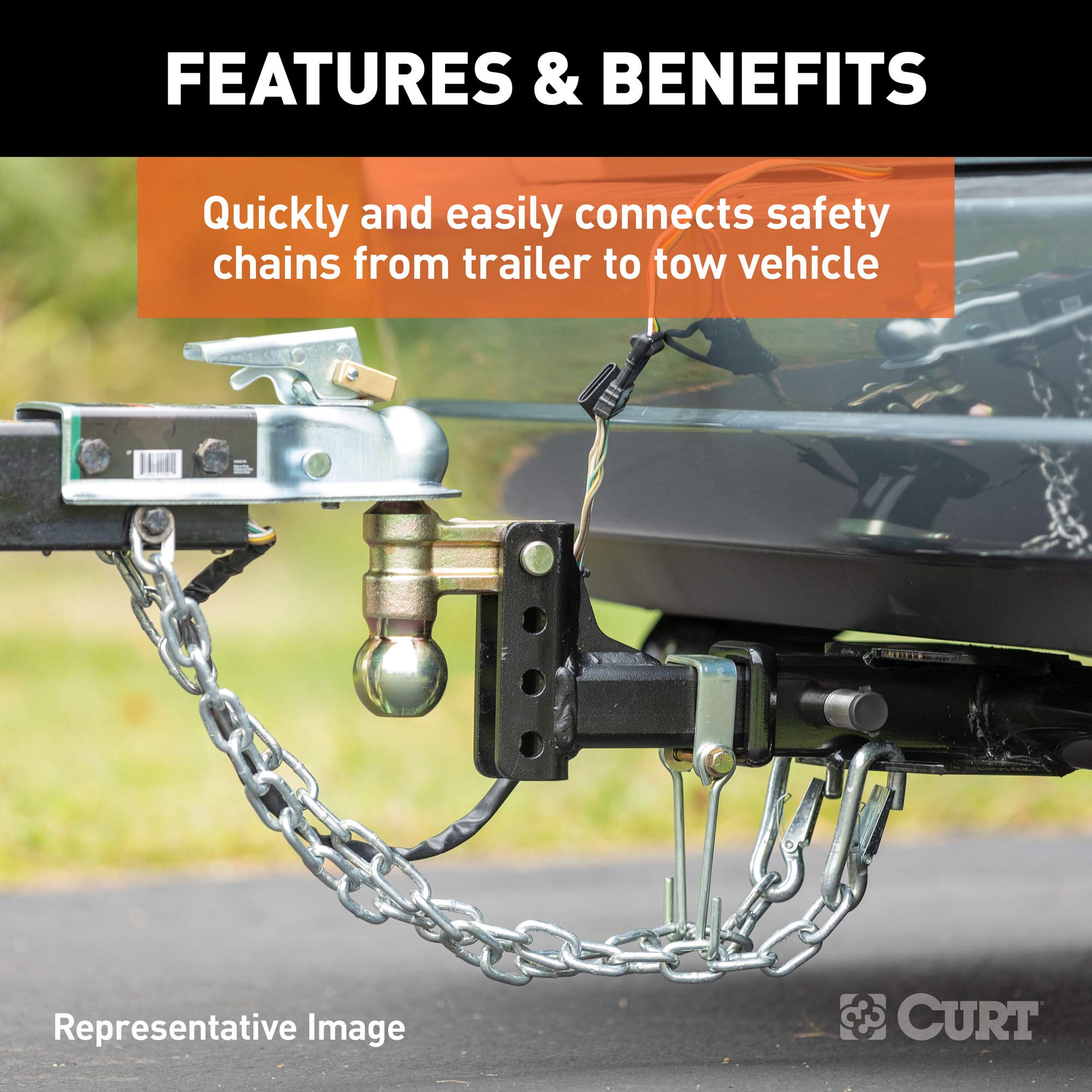 CURT snap hook attached to trailer safety chain demonstrating secure connection