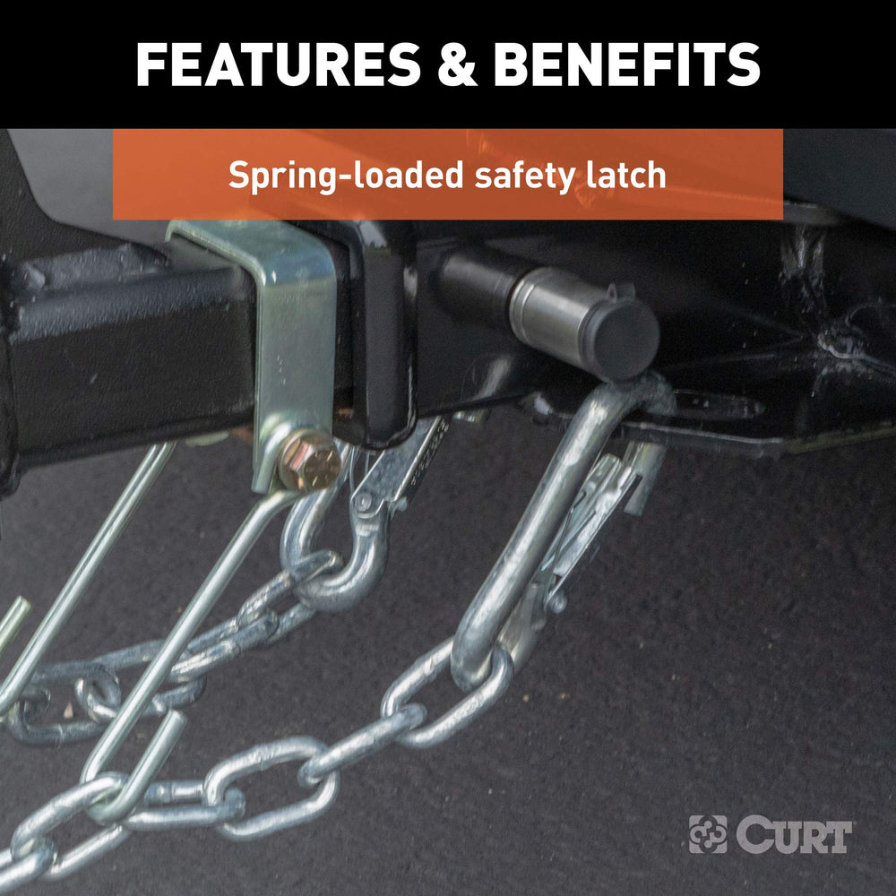CURT snap hook next to tape measure showing size and compatibility benefit