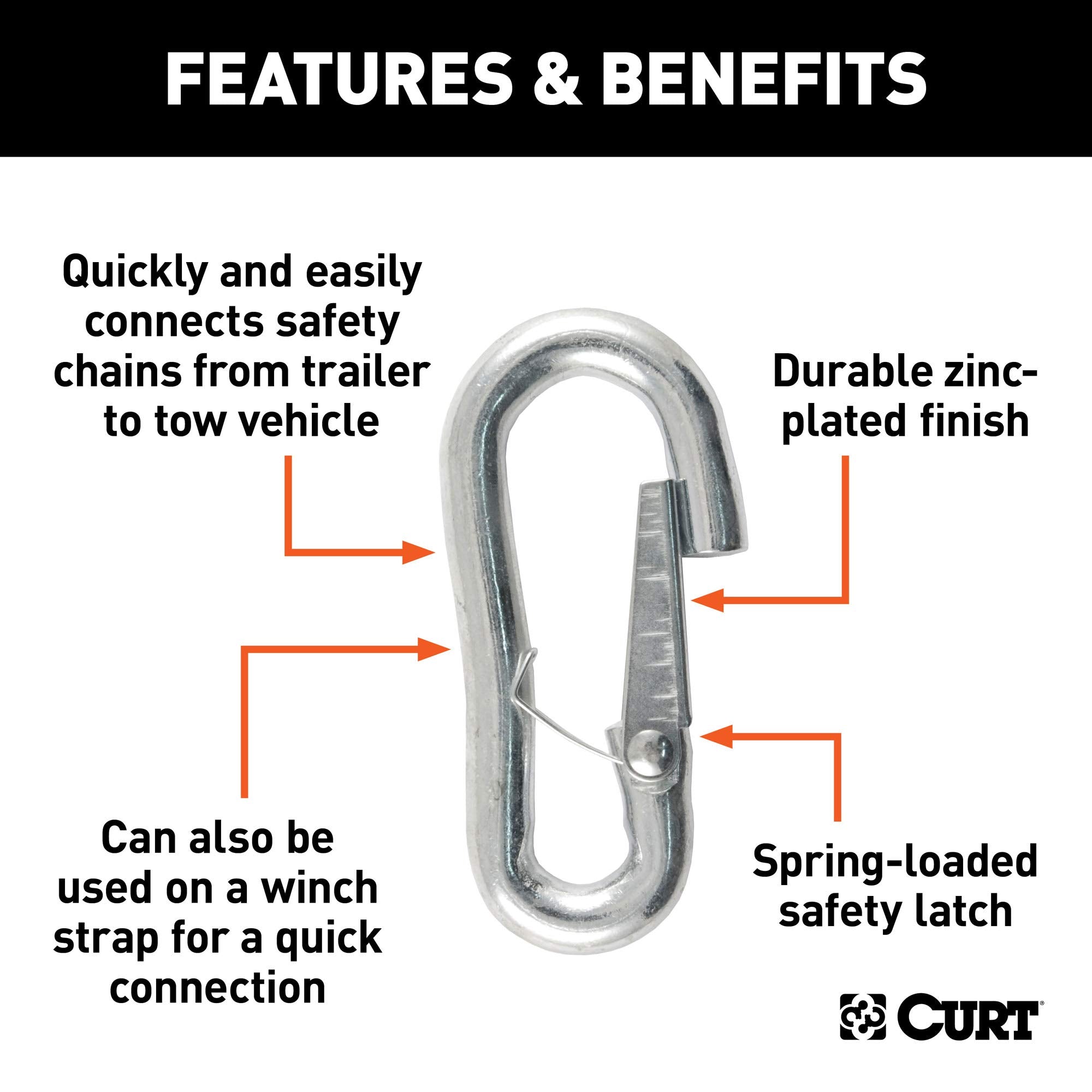 CURT snap hook side profile highlighting 7/16" diameter strength benefit