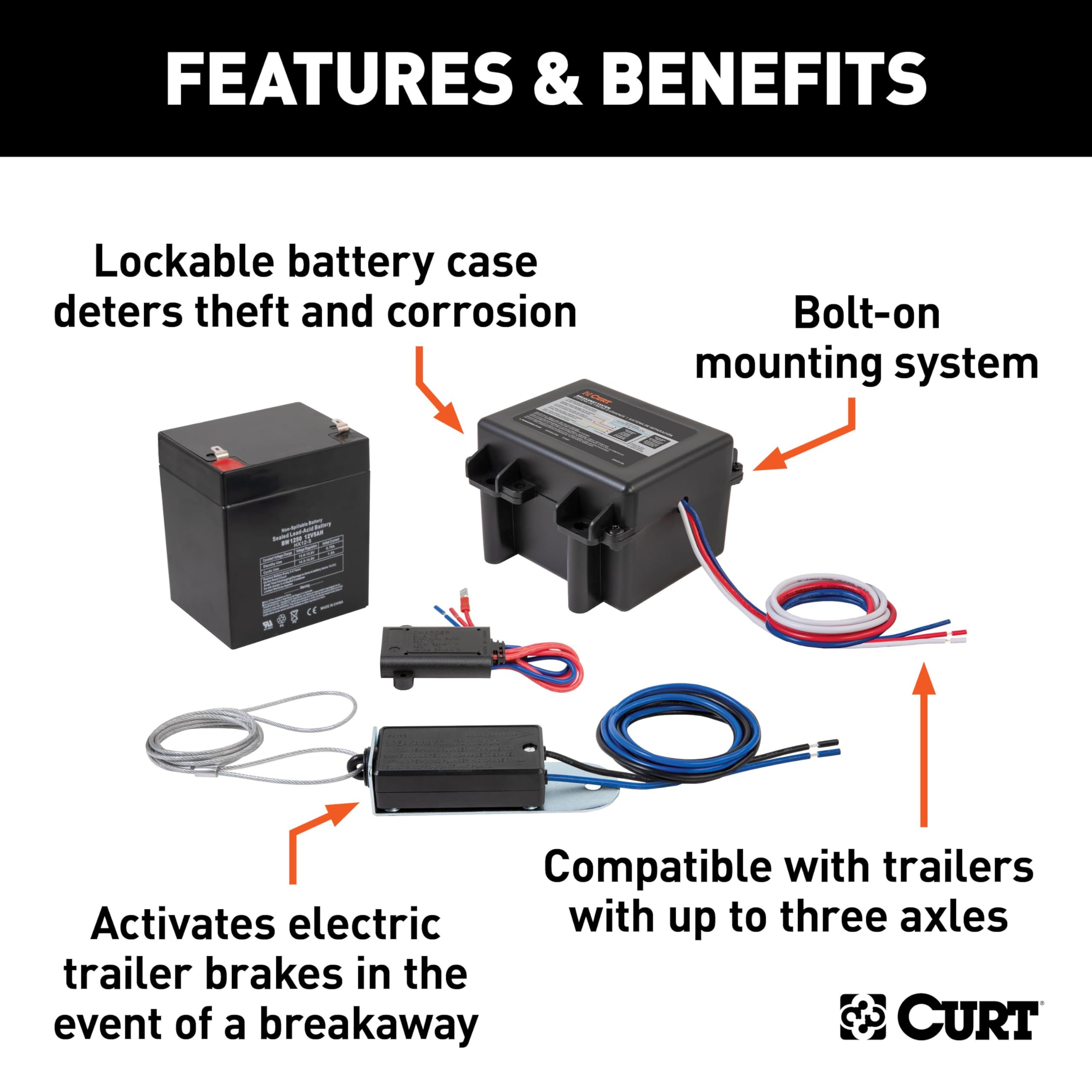 CURT 12V battery with charger indicating easy rechargeability and long-term use