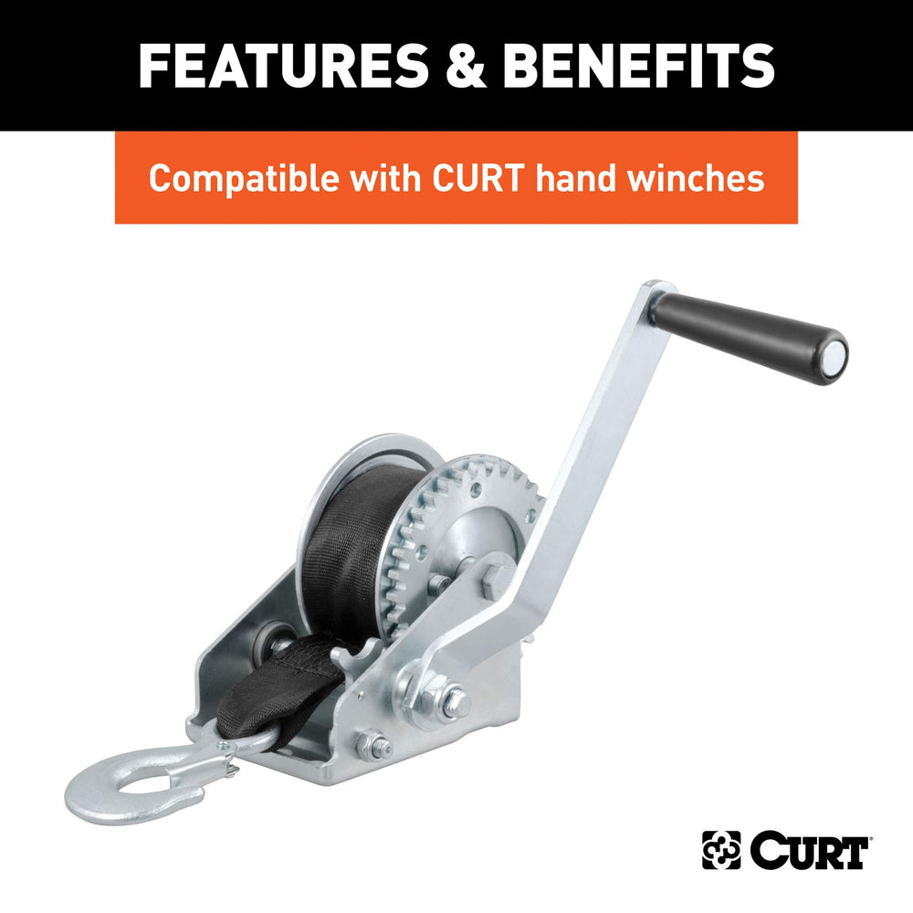 CURT strap in use on boat winch demonstrating easier, safer trailer loading