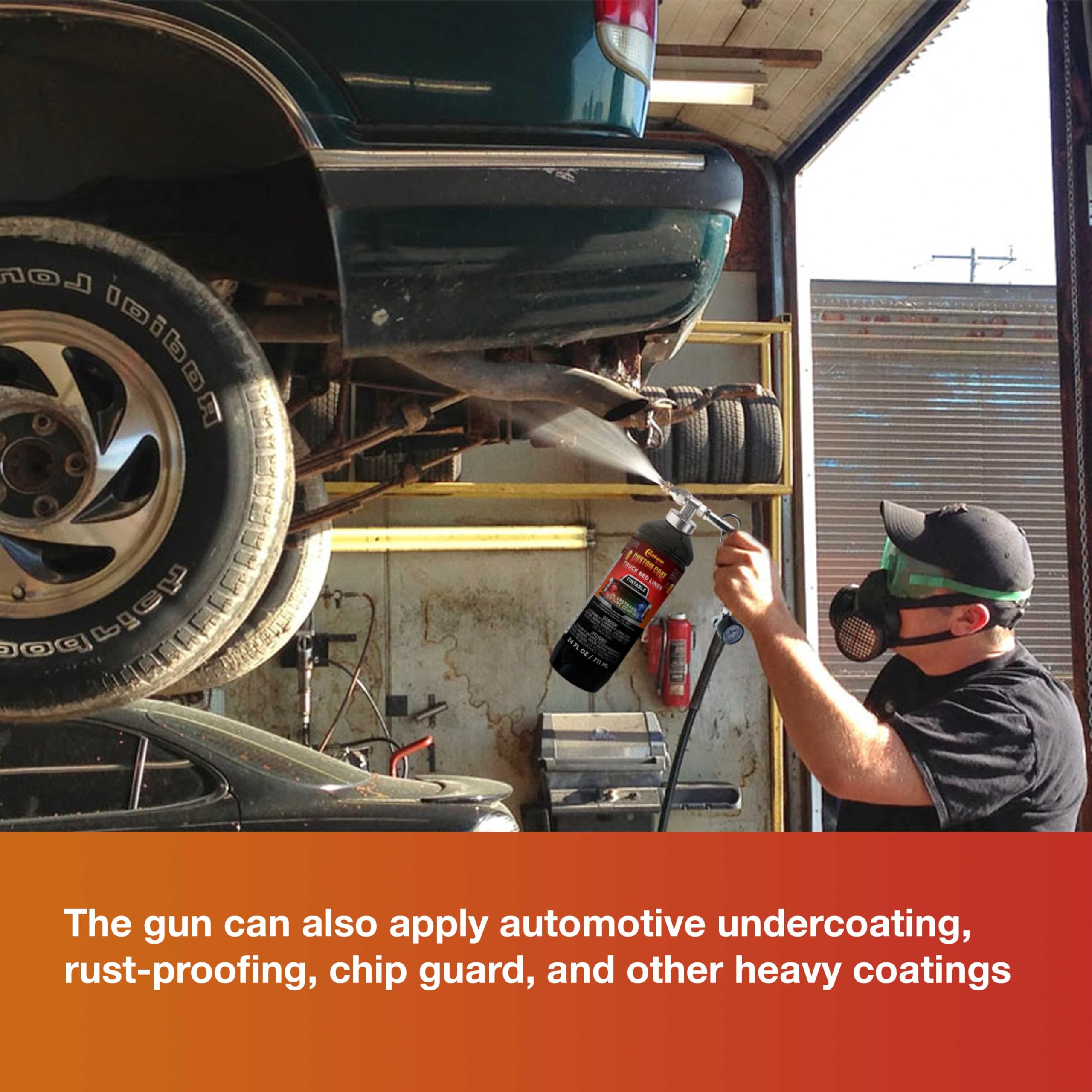 Custom Coat gun applying liner to truck bed for durable protective coating result