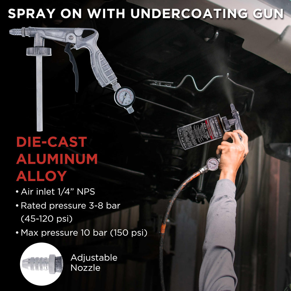 Custom Shop technician spraying undercoat in garage for quieter ride