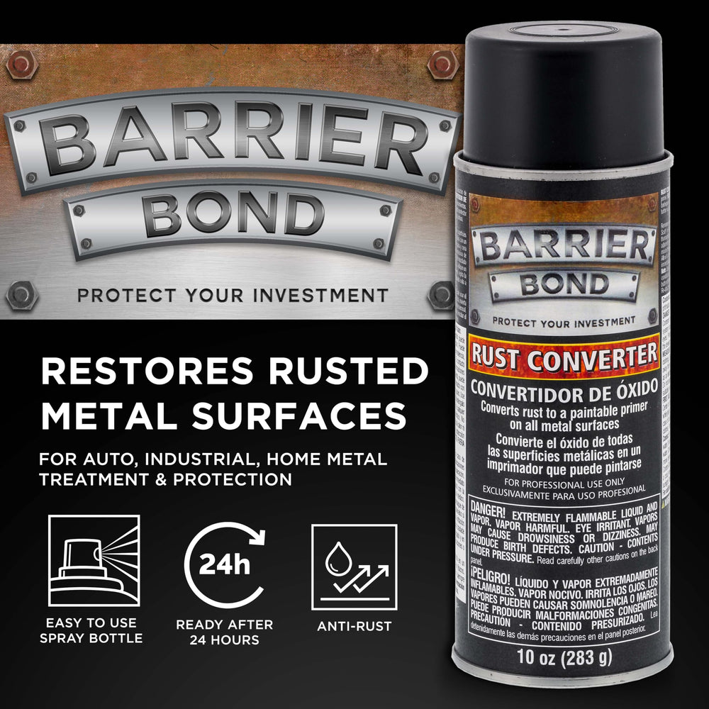 Custom Shop Barrier Bond spraying onto corroded metal showing easy application
