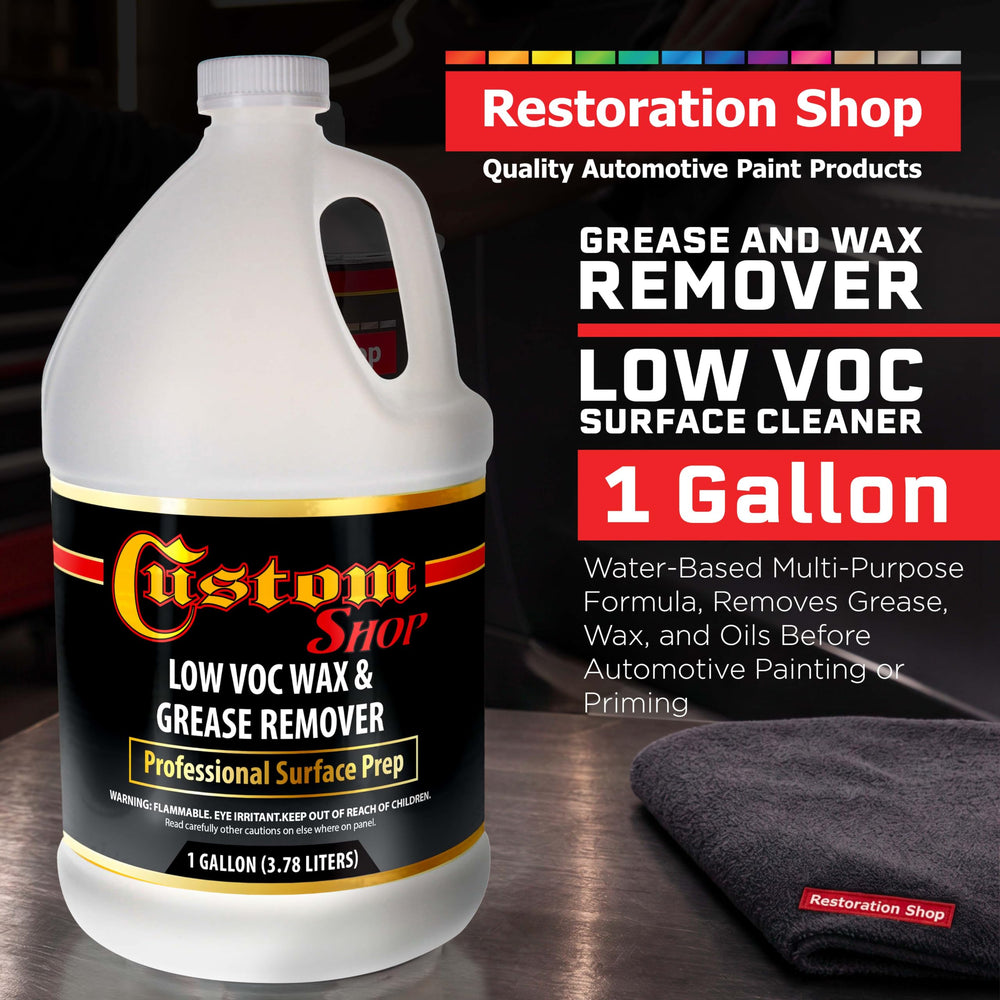 Custom Shop close-up label highlighting low-VOC formula and usage benefits