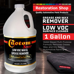 Custom Shop close-up label highlighting low-VOC formula and usage benefits
