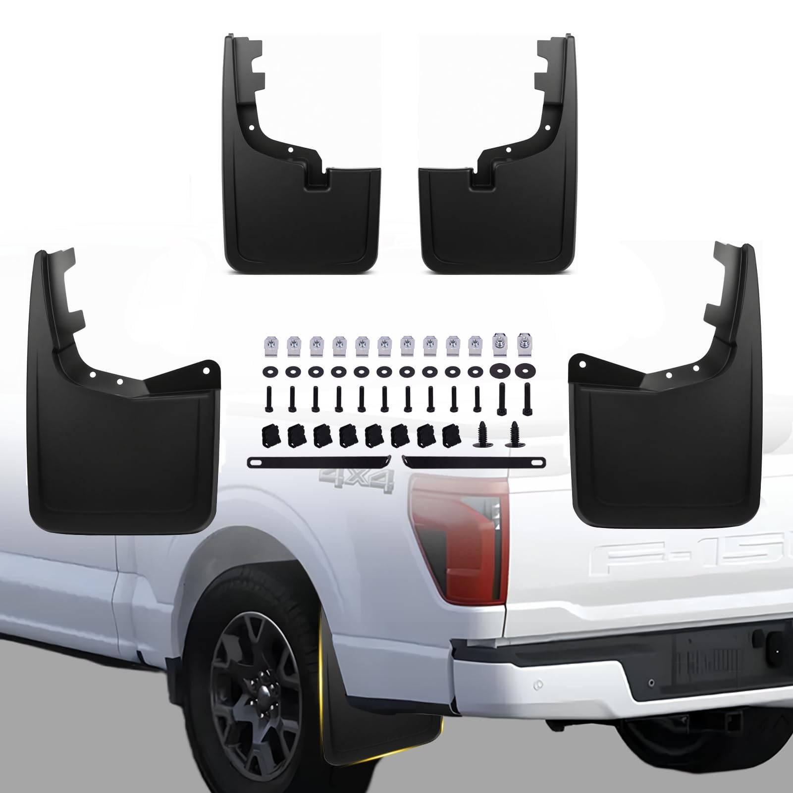 Cusvivid mud flap front view on F-150 showing neat fit and protection