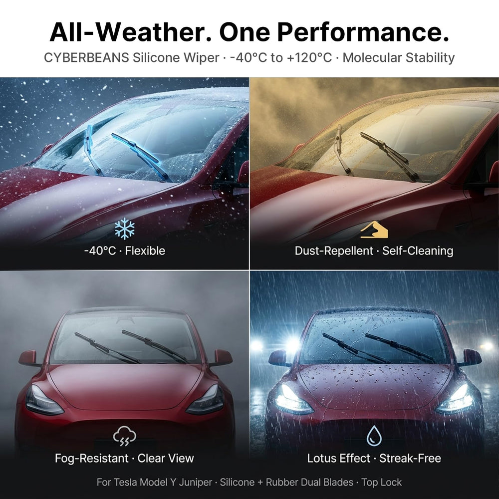 CYBERBEANS wipers in use on a wet Tesla windshield improving visibility