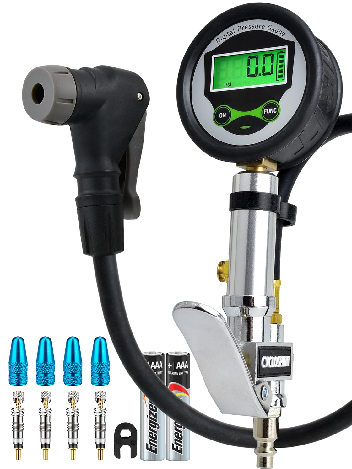CycloSpirit front view of inflator chuck with gauge showing clear reading and durability
