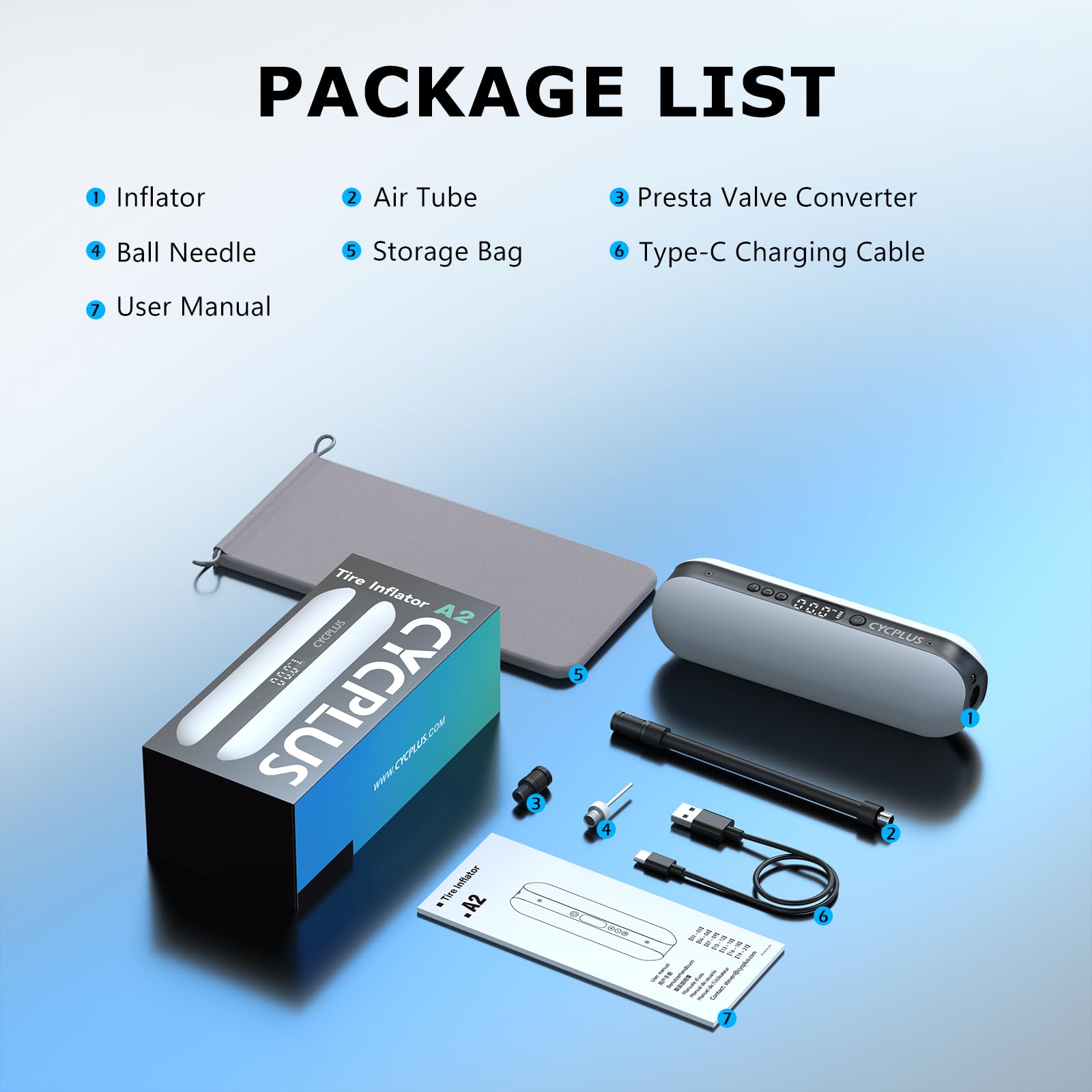 CYCPLUS packaging open with pump and accessories to show included contents