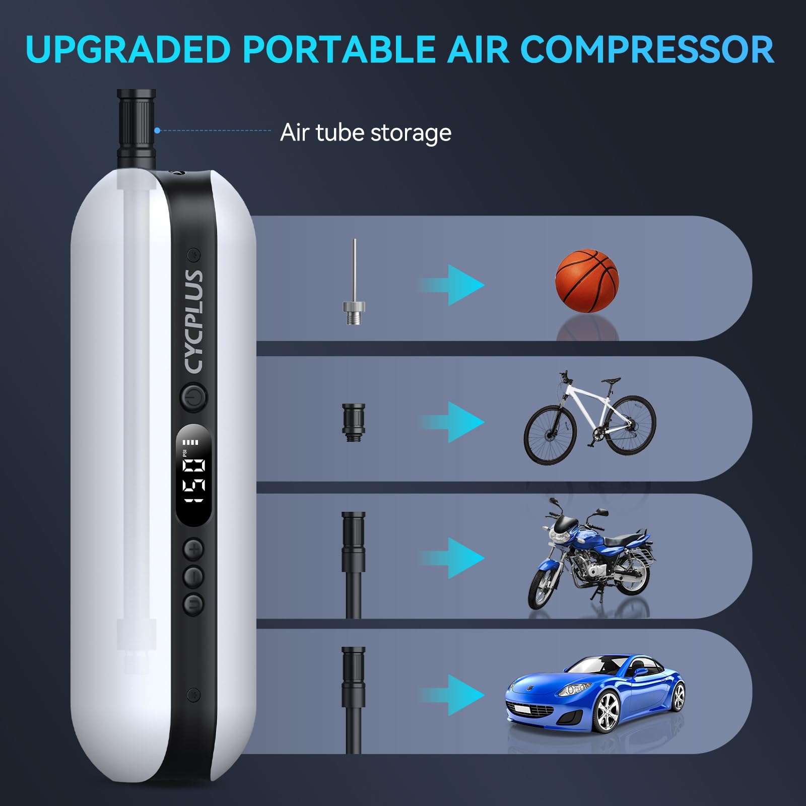 CYCPLUS pump held in hand to illustrate 380g lightweight, travel-friendly advantage