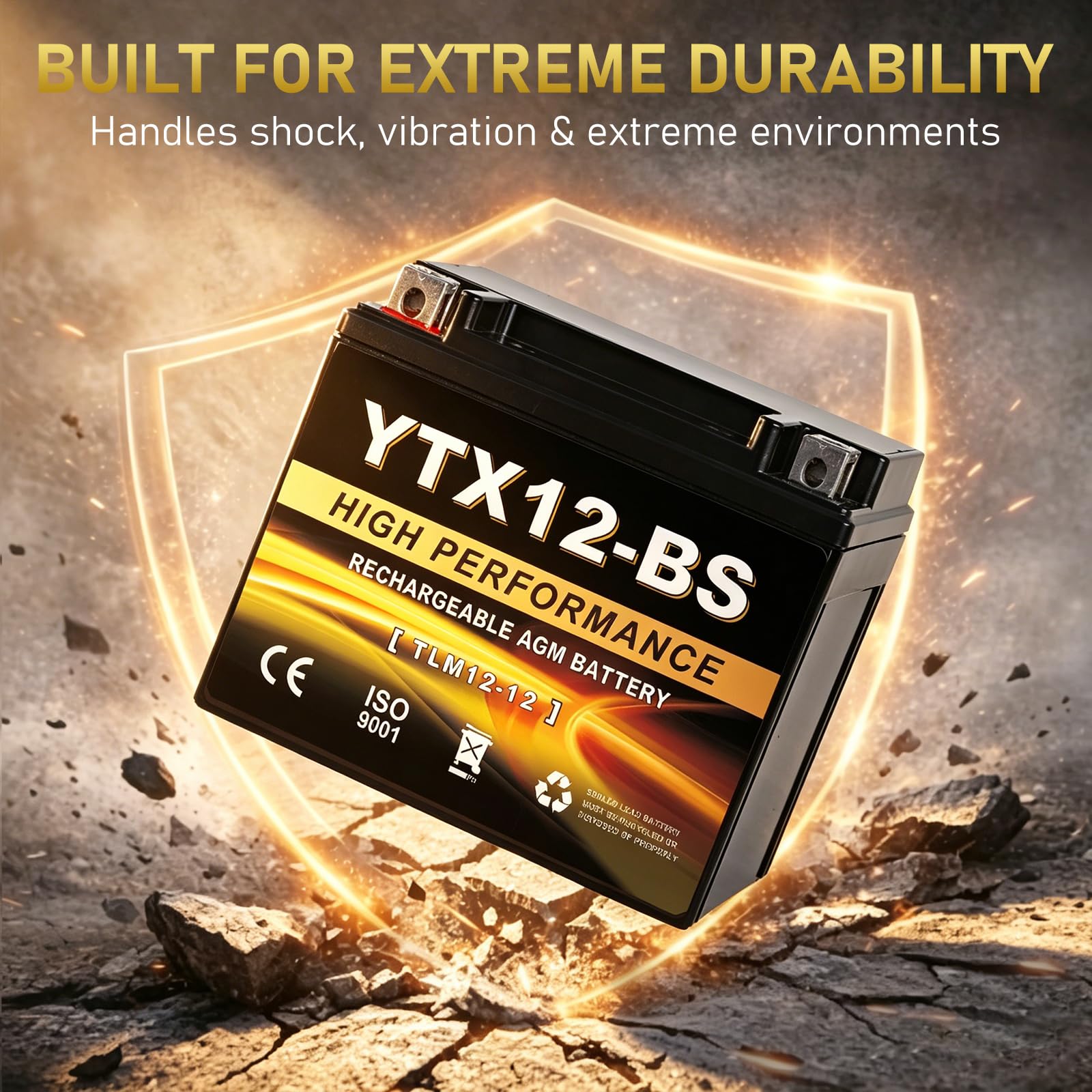 Daakmax battery on gravel showing vibration resistance for rugged reliability benefit