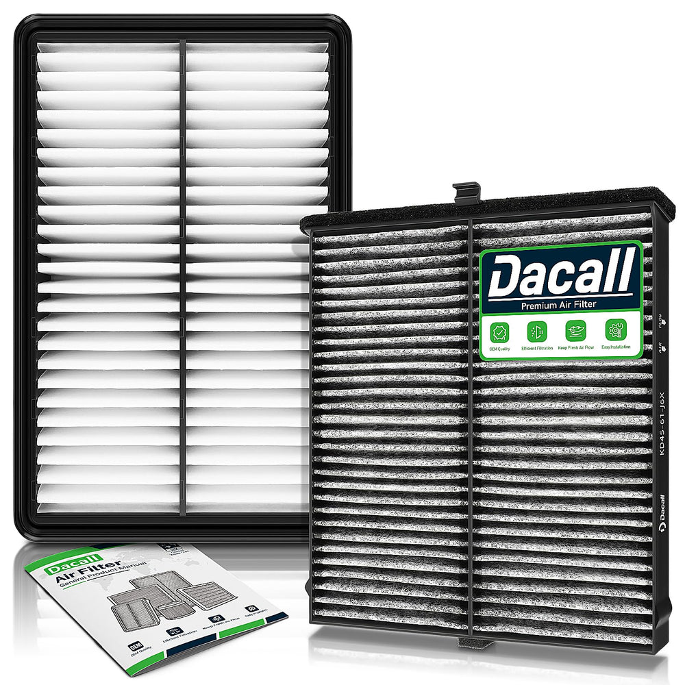 Dacall front packaging showing both cabin and engine filters and easy installation benefit