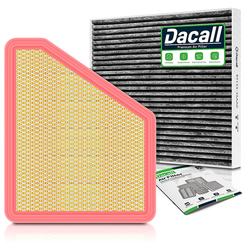 Dacall front packaging showing both cabin and engine filters, clear OEM fit benefit