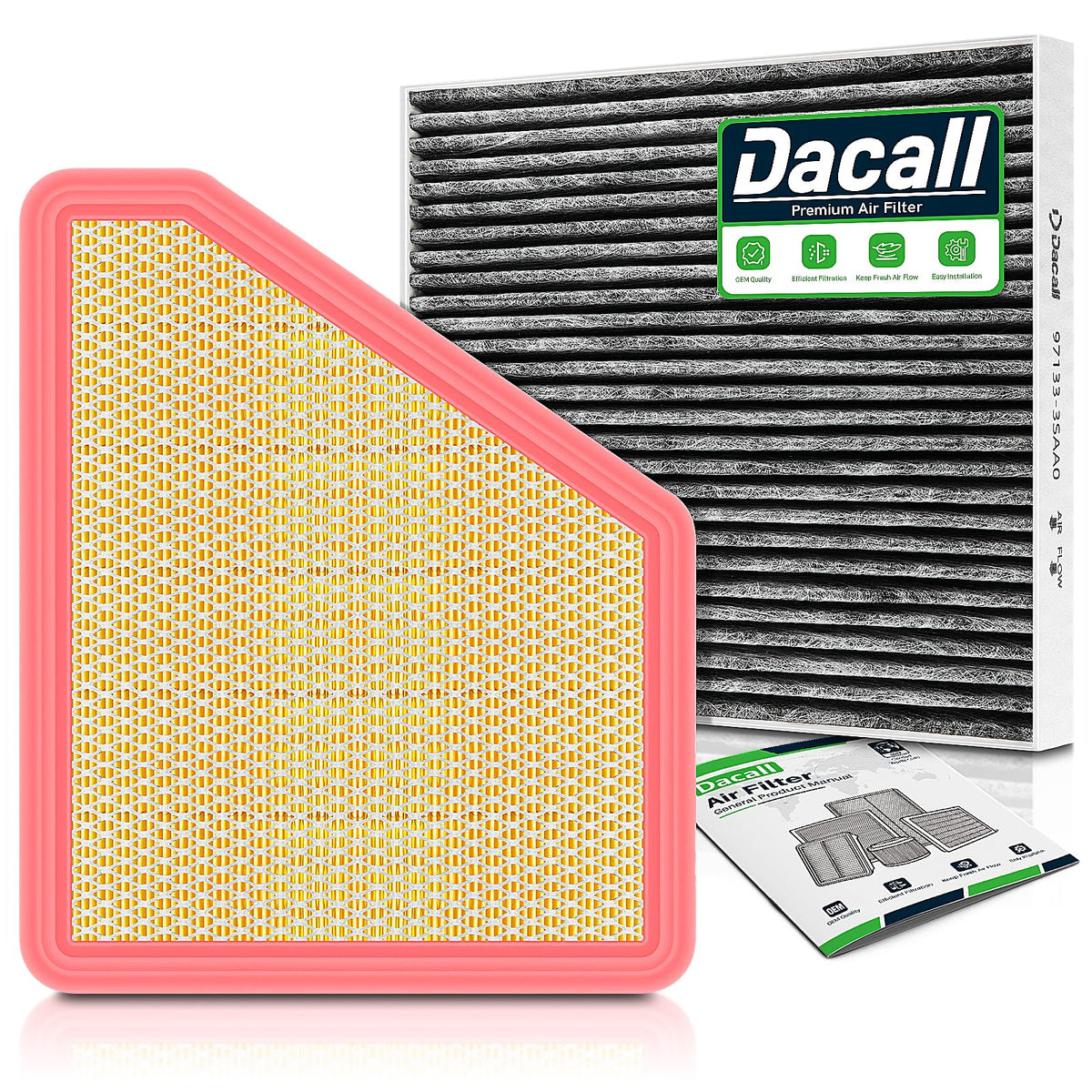 Dacall front packaging showing both cabin and engine filters, clear OEM fit benefit