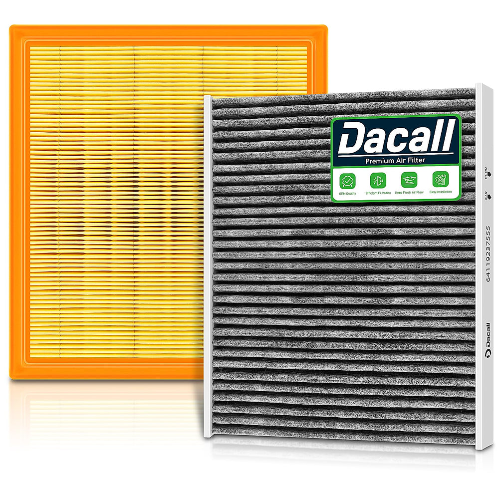 Dacall front packaging showing both engine and cabin filters, clear compatibility benefit