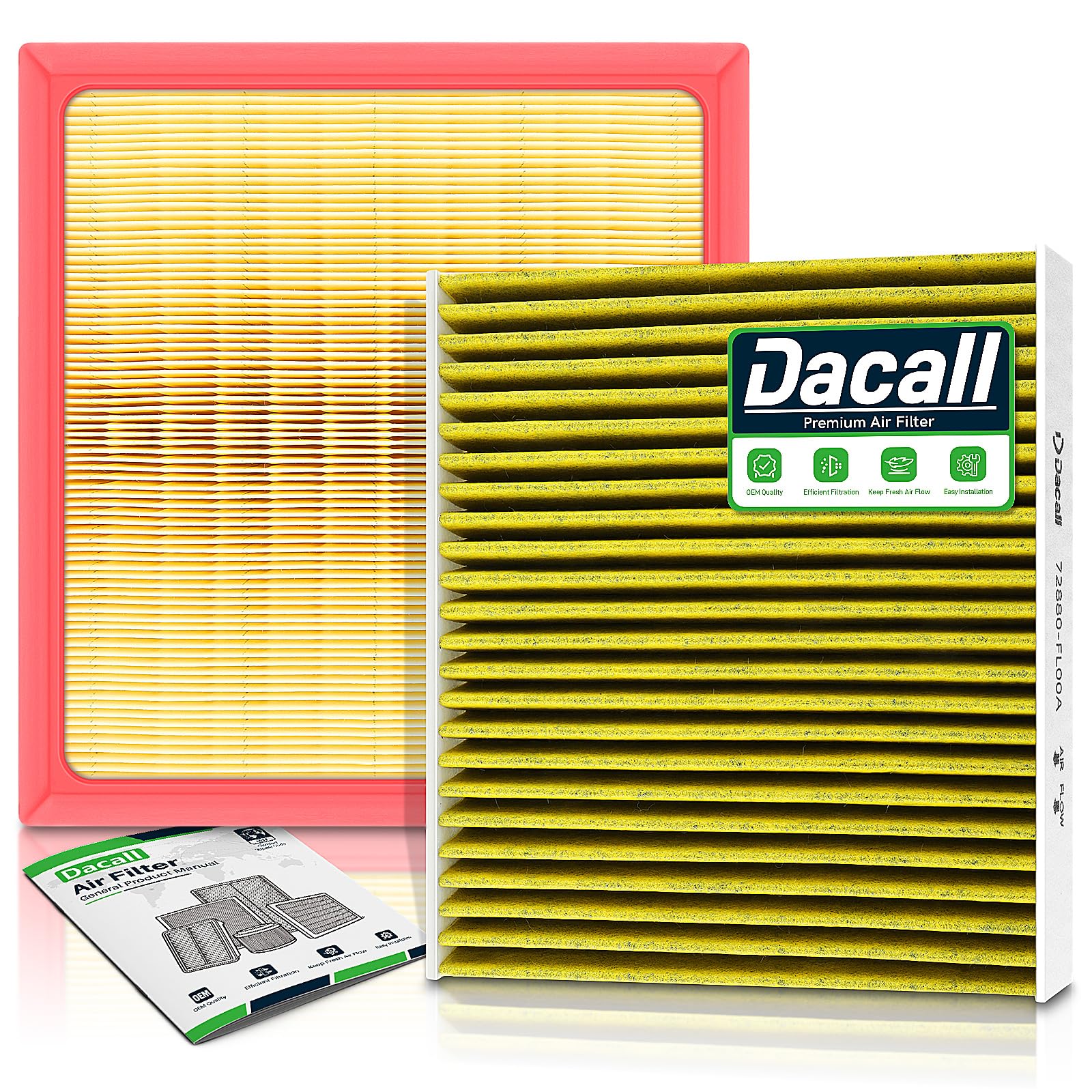 Dacall front packaging showing both engine and cabin filters and clear fit benefits
