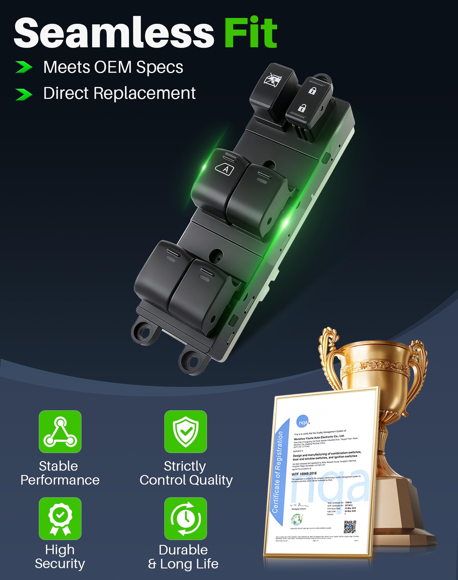 Dacall switch installed in door panel demonstrating proper fitment and restored controls
