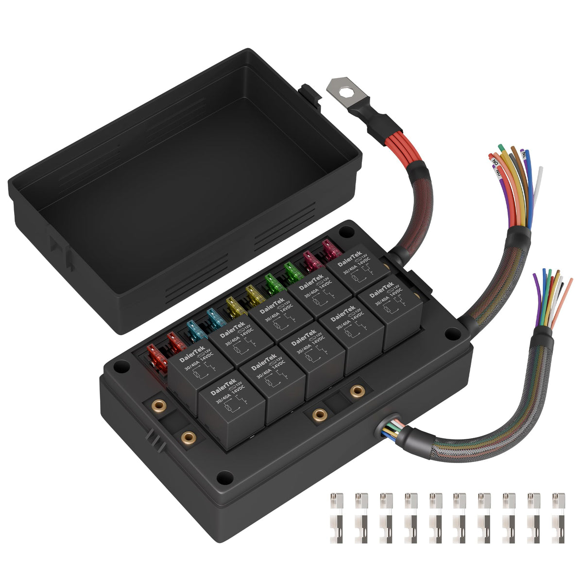 DaierTek front view relay fuse box showing compact organized layout and mounting points