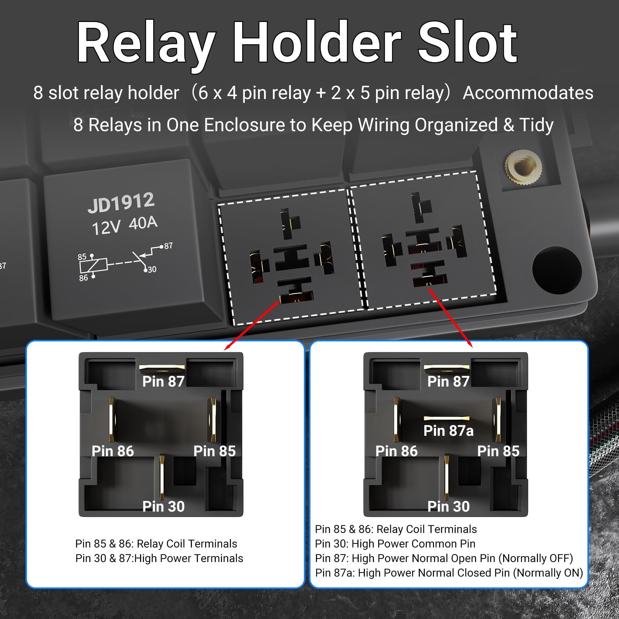 DAIERTEK close-up of colored relay sockets for easy identification and faster troubleshooting