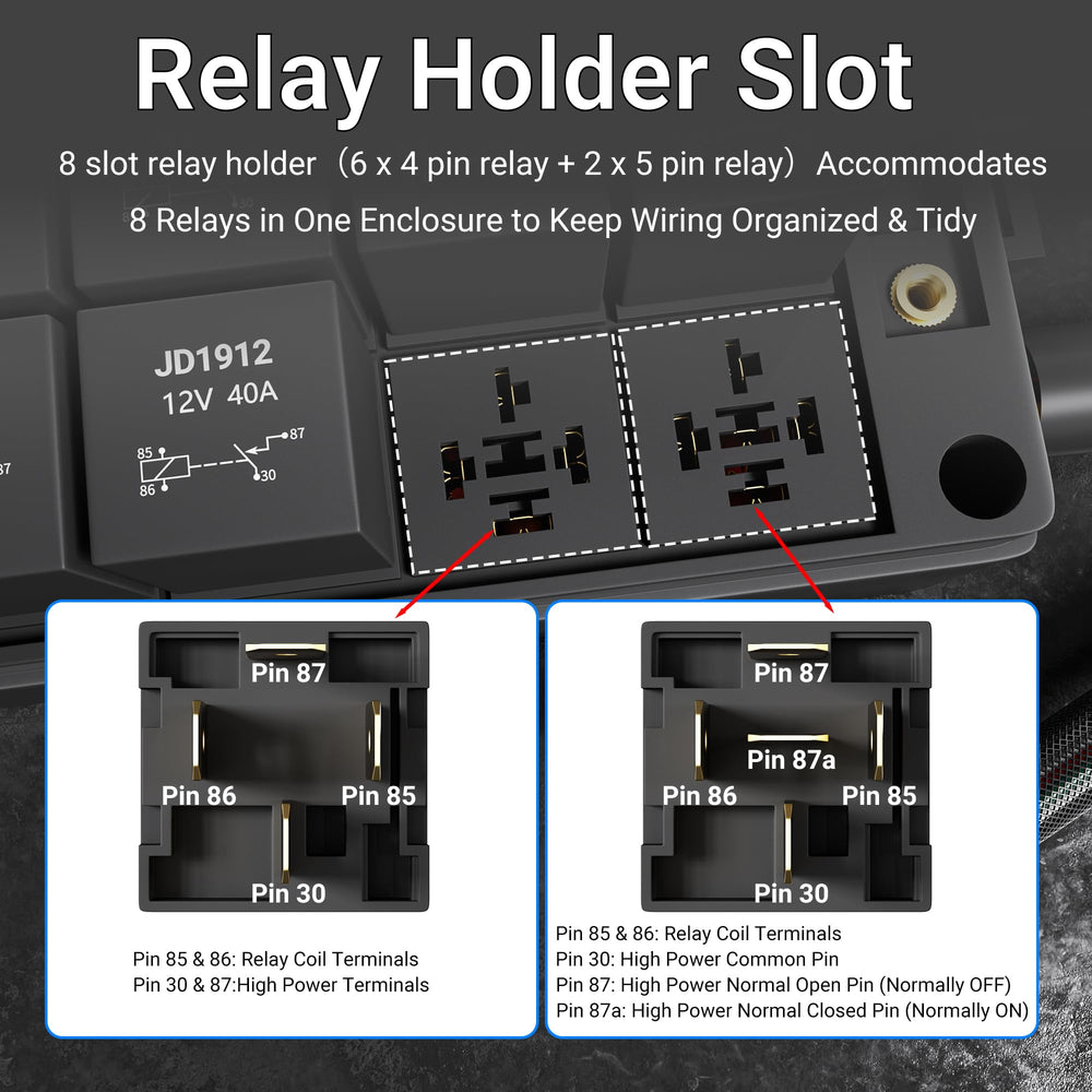 DAIERTEK close-up of colored relay sockets for easy identification and faster troubleshooting