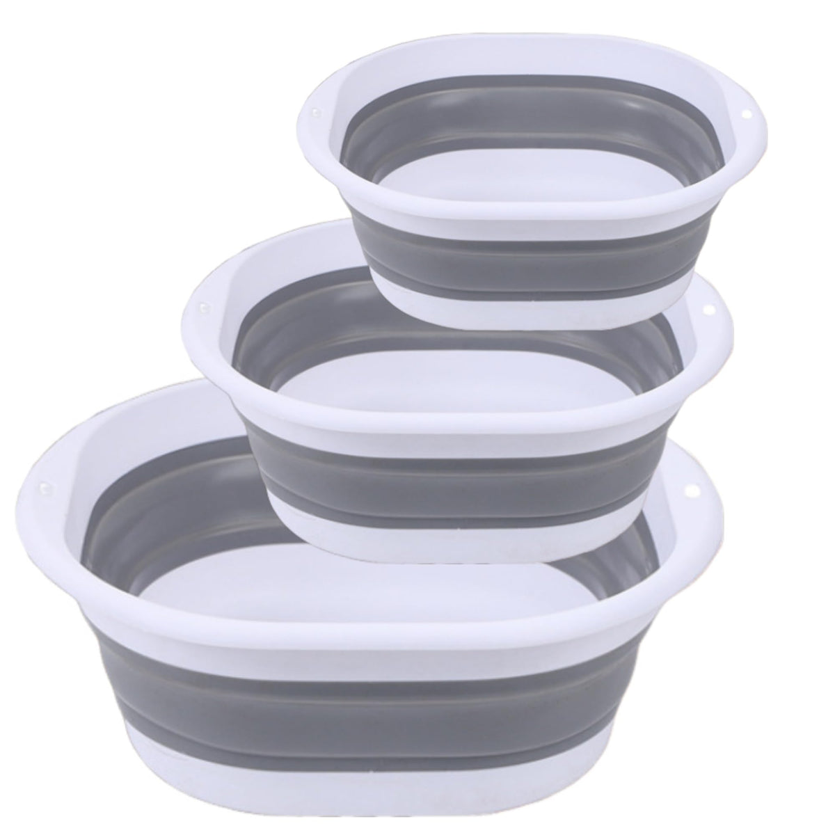 DALAN front view of three-piece foldable washbasin set showing compact stack and grey finish