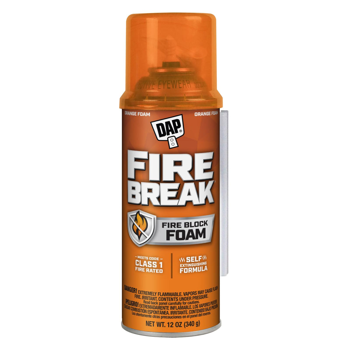 DAP FireBreak front can showing label and orange foam benefit: quick identification