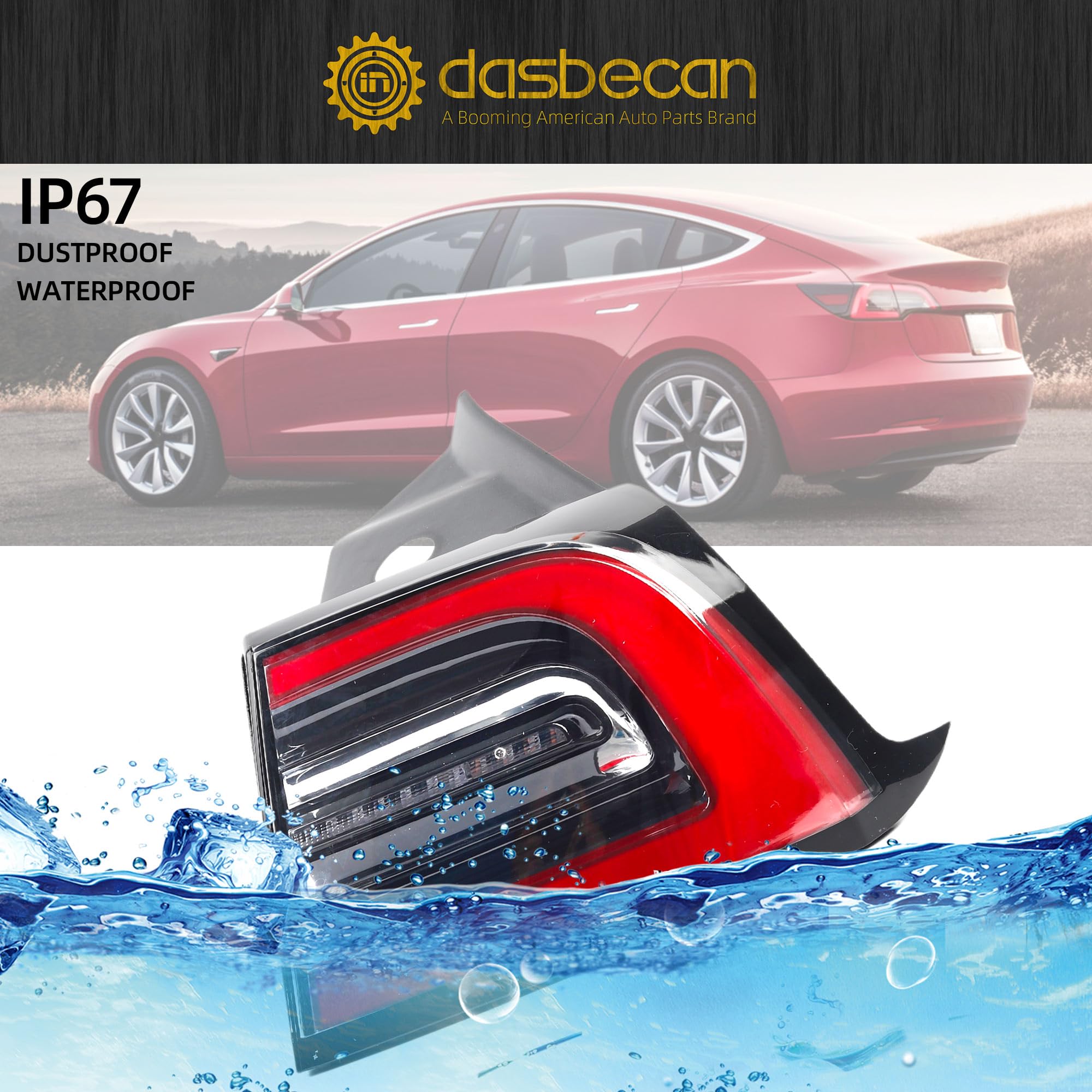 Dasbecan tail light in packaging showing protected delivery and included parts