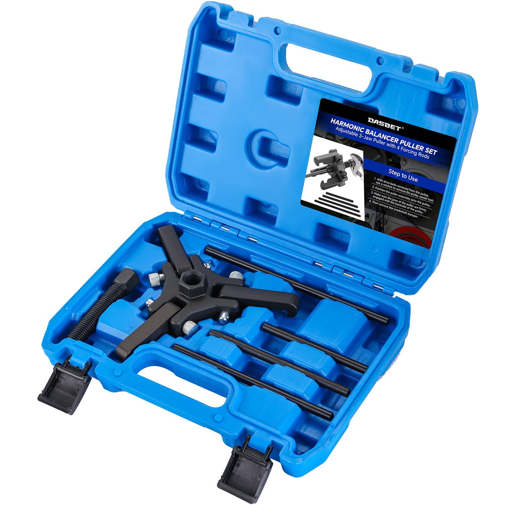 DASBET front view of adjustable 3-jaw puller kit showing organized components for easy selection