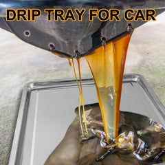 Datanly tray placed under car catching oil for cleaner, safer maintenance