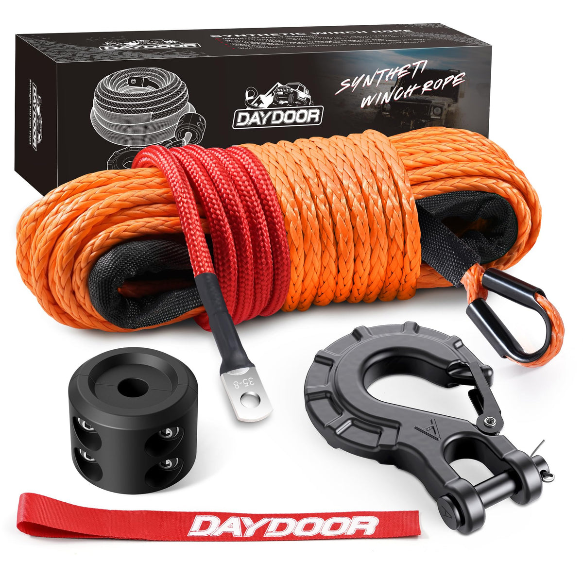 DAYDOOR front packaging showing orange synthetic winch rope and included accessories for quick identification