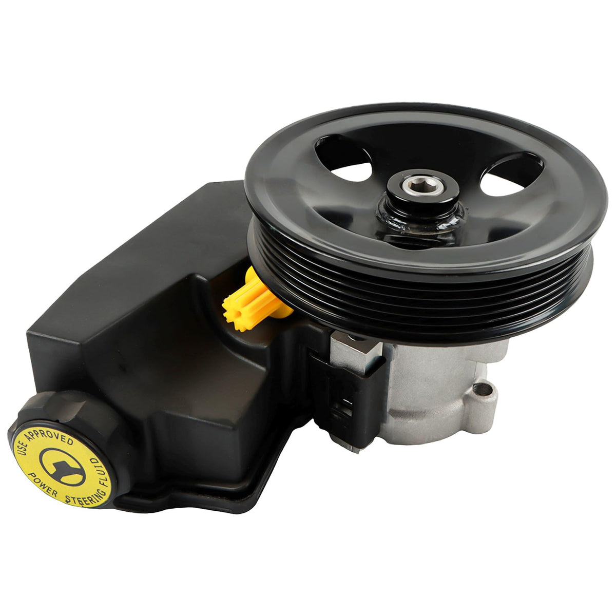 Daysyore front view of power steering pump showing new reliable assembly
