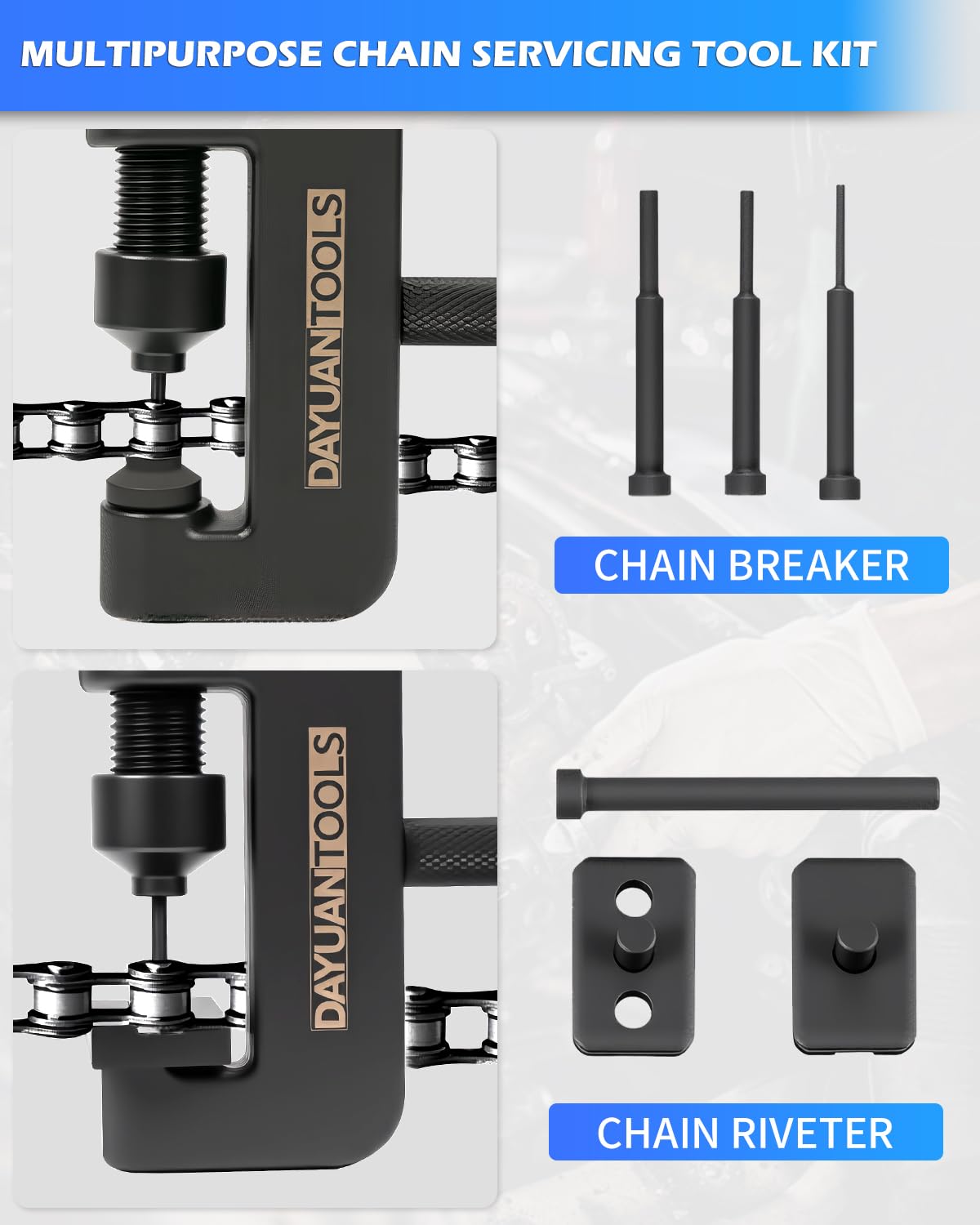 DAYUAN riveter detail showing secure chain rejoin capability