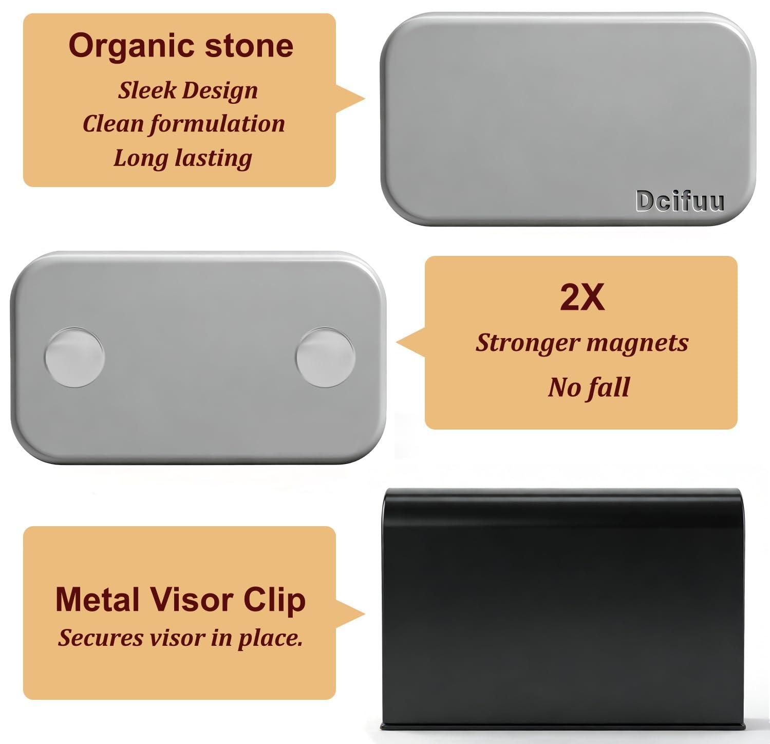 Dcifuu stone in use on visor illustrating discreet, non-dangling scent