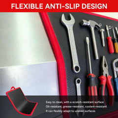 Dealyst mats organized inside a toolbox drawer for quick access