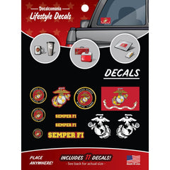 DECALCOMANIA LIFESTYLE DECALS retail packaging showing 11-piece USMC set and hologram for authenticity