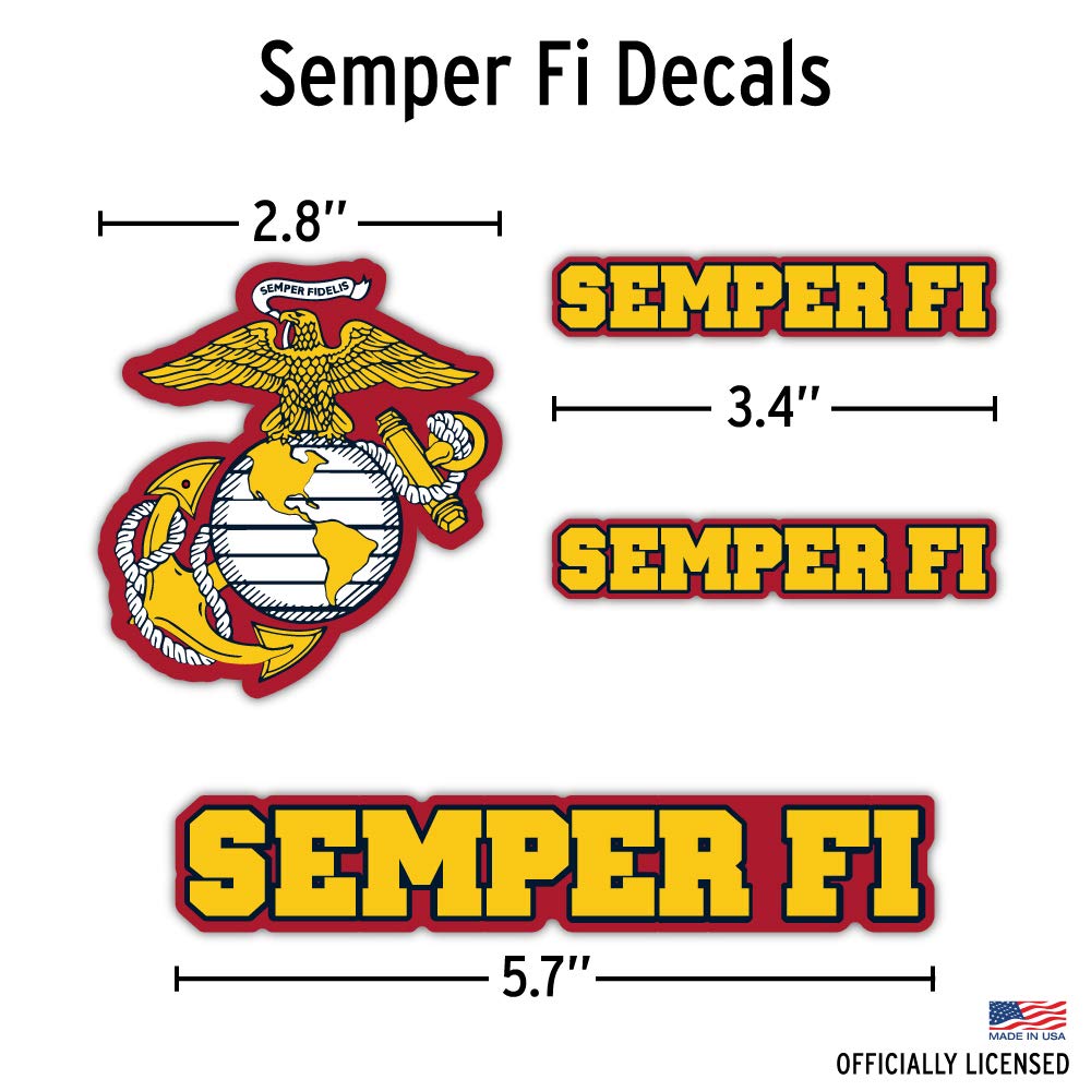 DECALCOMANIA LIFESTYLE DECALS four gold chrome USMC logos staged by size for placement planning