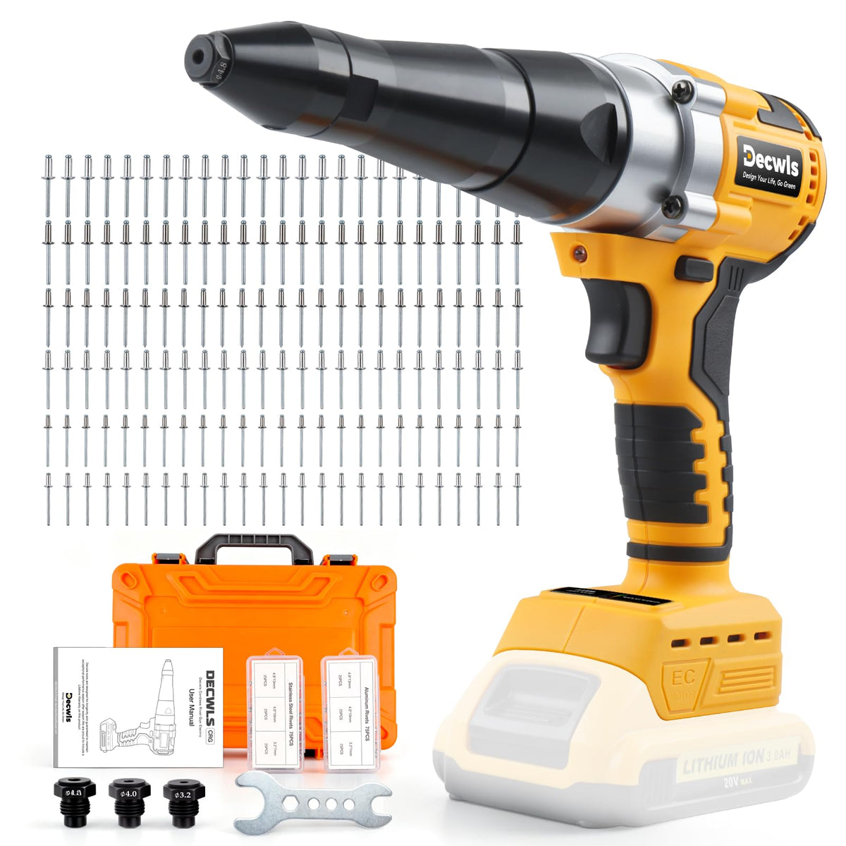 Decwls rivet gun front and open case showing organized kit and convenience
