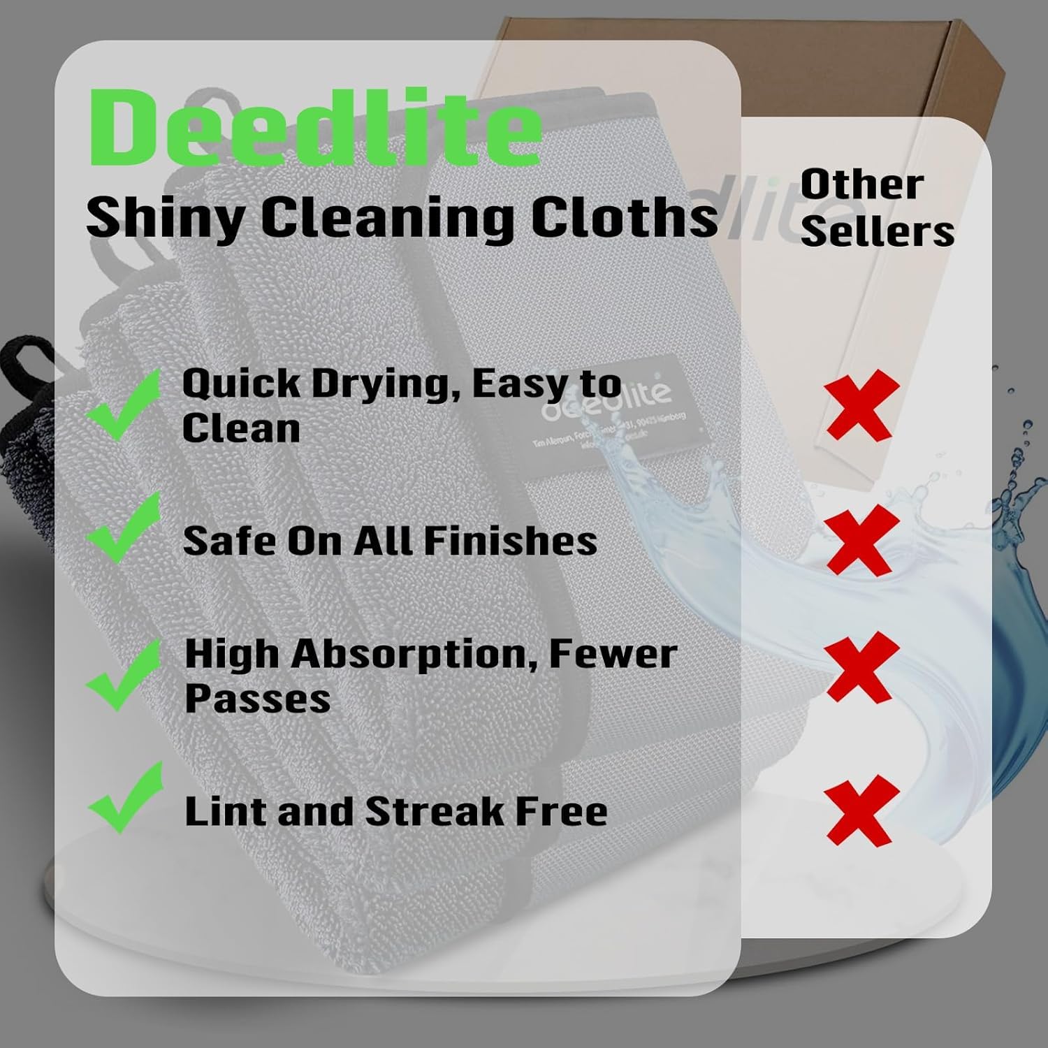 Deedlite label and hang hook detail for easy storage and quick-dry benefit
