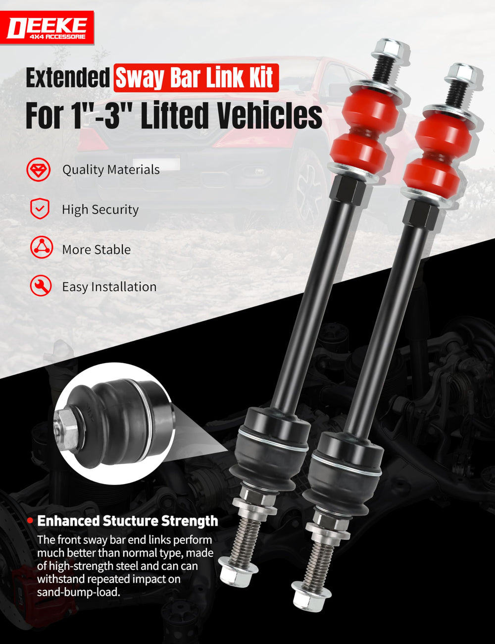 DEEKE 4X4 extended end link full length showing correct sizing for lifted trucks