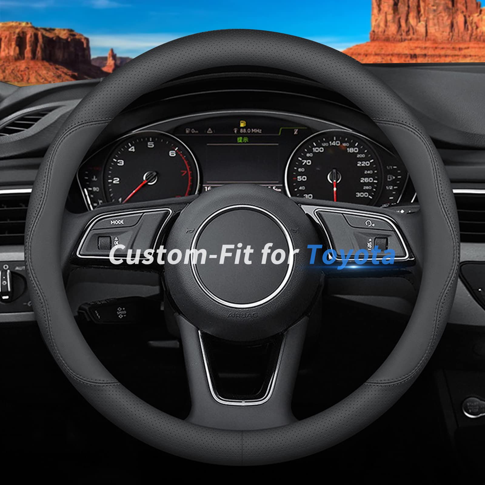 Deer Route front view of steering wheel cover showing design and fit, improves cabin style