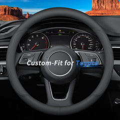 Deer Route front view of steering wheel cover showing design and fit, improves cabin style