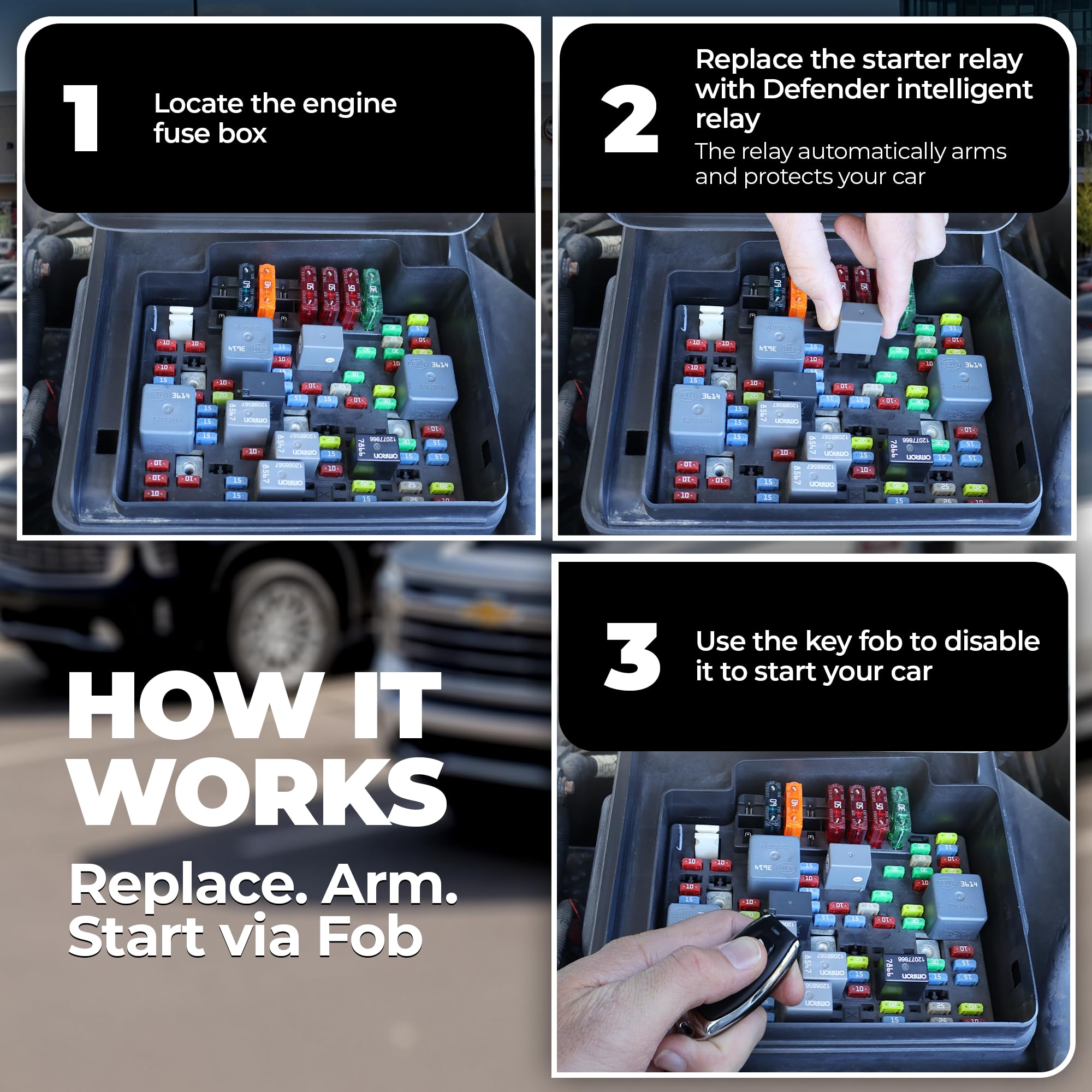 Defender key fob in hand demonstrating quick remote-controlled engine disable